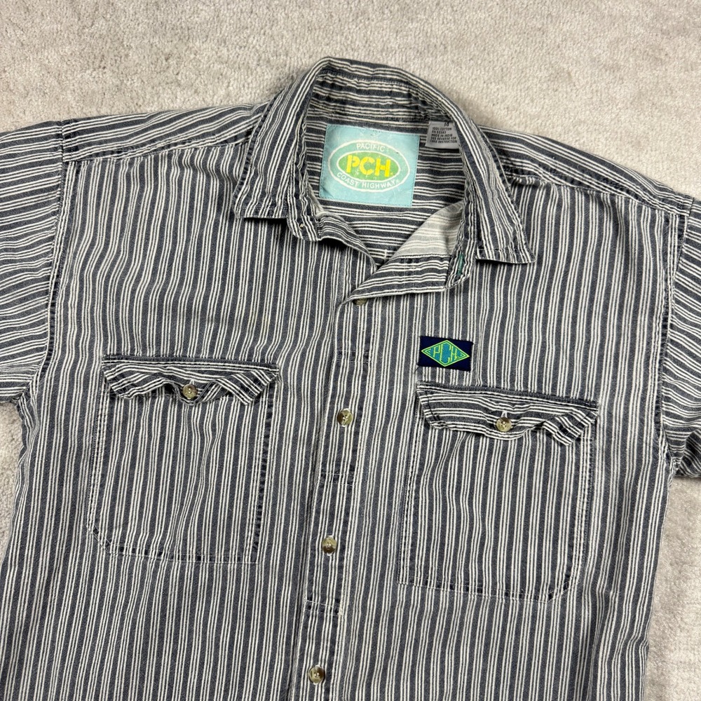 Pacific Coast Highway Button Down Men 14 Navy Blue Striped PCH Short Sleeve Surf